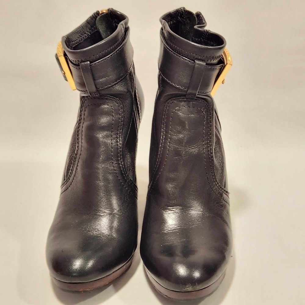 Tory Burch Melrose Ankle Boots Leather Heel Moto Black Logo Women's 7.5 Designer - Picture 7 of 16